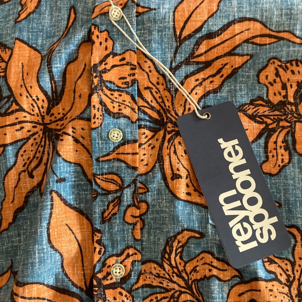 REYN SPOONER Blue and Orange Casual Button Down Hawaiian Shirt (NEW) - Picture 9 of 10